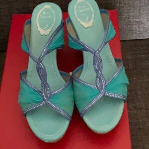 RENE CAOVILLA TURQUOISE JEWEL CHIFFON WEDGES eu40 9.5 see pix damage